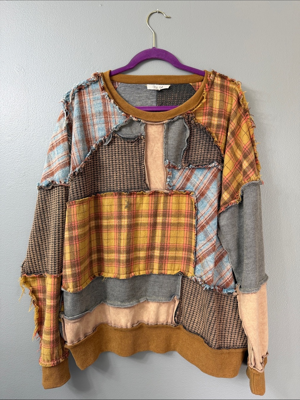 Oli & Hali Washed Mixed Fabric Plaid Pullover in a mustard combo raw seam large - Picture 2 of 7
